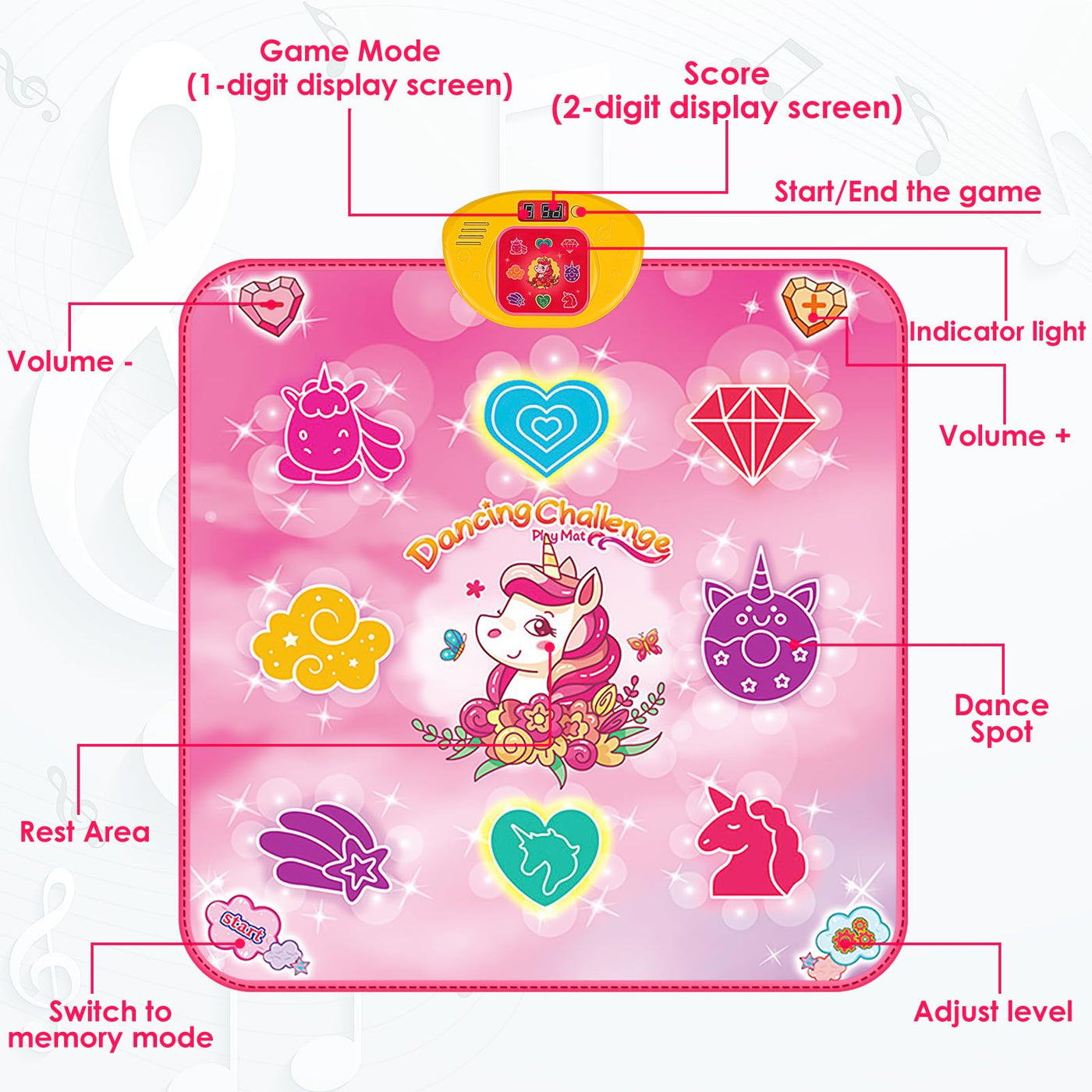 ZWOOS Tanzmatte für Kinder ab 3-12+ Jahre, Beleuchtete Tanzmatte Spielzeug Kinder, Elektronisch Musik Tanzpad Geschenke für Mädchen ab 3 4 5 6 7 8 9 10 11 12 Jahren zu Weihnachten und zum Geburtstag