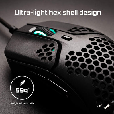 HyperX Pulsefire Haste Gaming-Maus – Ultraleicht, 59g, Wabenschale, Hex-Design, HyperFlex-Kabel, bis zu 16.000 DPI, 6 programmierbare Tasten