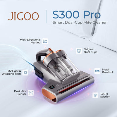 JIGOO S300 Pro Milbensauger mit Staubmilben-Sensor und Intelligente LED-Anzeige, 500W Milbenstaubsauger mit UV-Licht, Für Allergiker, entfernt 99,9% der Allergene, für Matratzen, Betten, Sofas