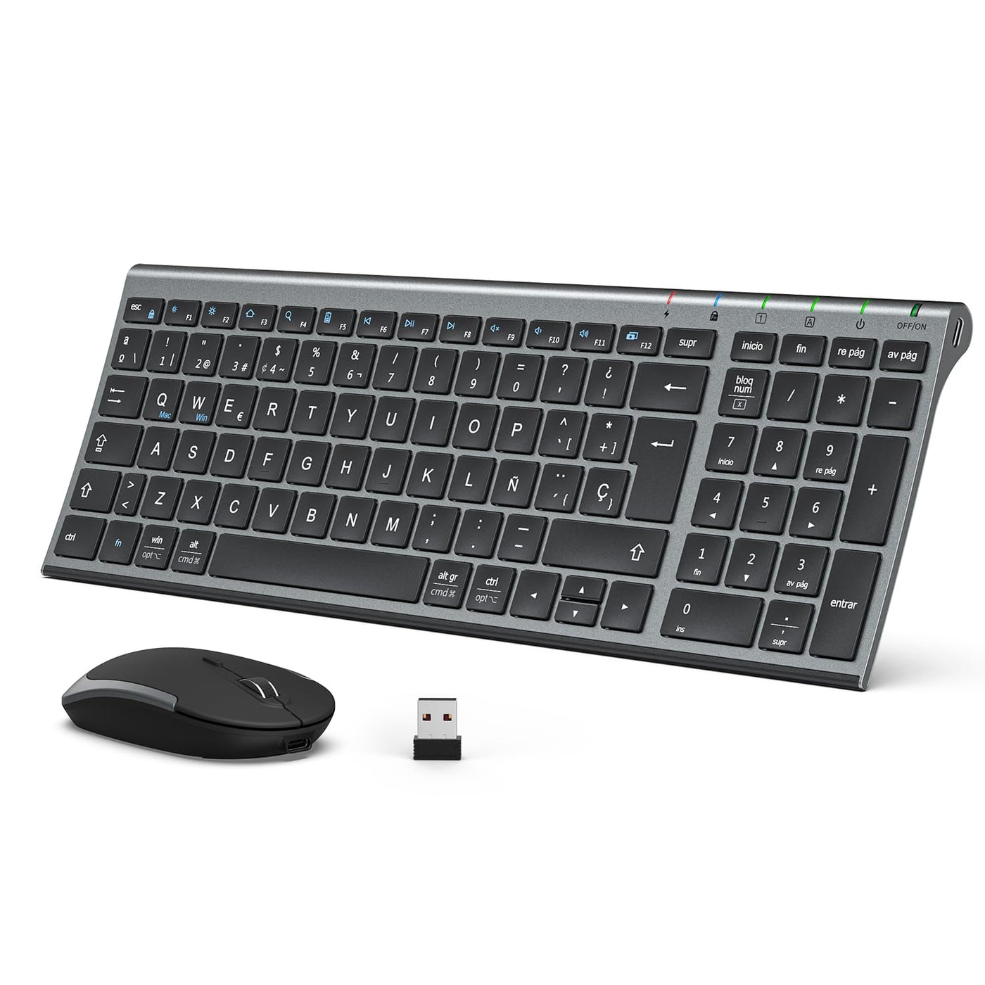 iClever Teclado y Ratón Inalámbrico GK03-QWERTY Español 2.4G Teclado Ratón Inalámbrico Con Batería Recargable, Diseño Ergonómico, Tamaño Compacto, Delgado y Fino, Conexión Estable