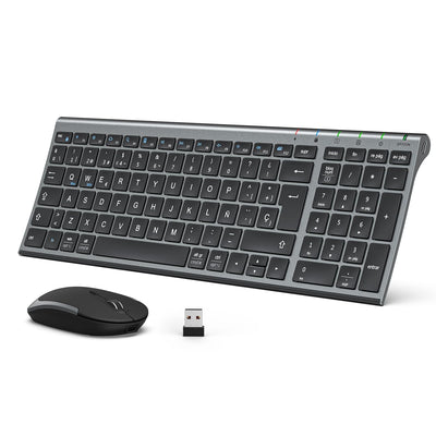 iClever Teclado y Ratón Inalámbrico GK03-QWERTY Español 2.4G Teclado Ratón Inalámbrico Con Batería Recargable, Diseño Ergonómico, Tamaño Compacto, Delgado y Fino, Conexión Estable