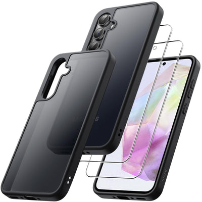 JETech 3 in 1 Matt Hülle für Samsung Galaxy A35 5G mit 2 Stück Gehärtetem Glas Schutzfolie, Transluzente Gefrostete Stoßfeste Handyhülle mit Kameraschutz (Schwarz)