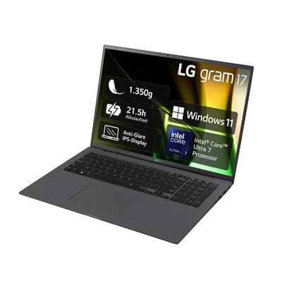 2024 LG gram 17 Zoll Notebook - 1350g Intel Core Ultra7 Laptop (16GB RAM, 1TB Dual SSD, 21,5h Akkulaufzeit, IPS Panel Anti-Glare Display, Win 11 Home) - Schwarz