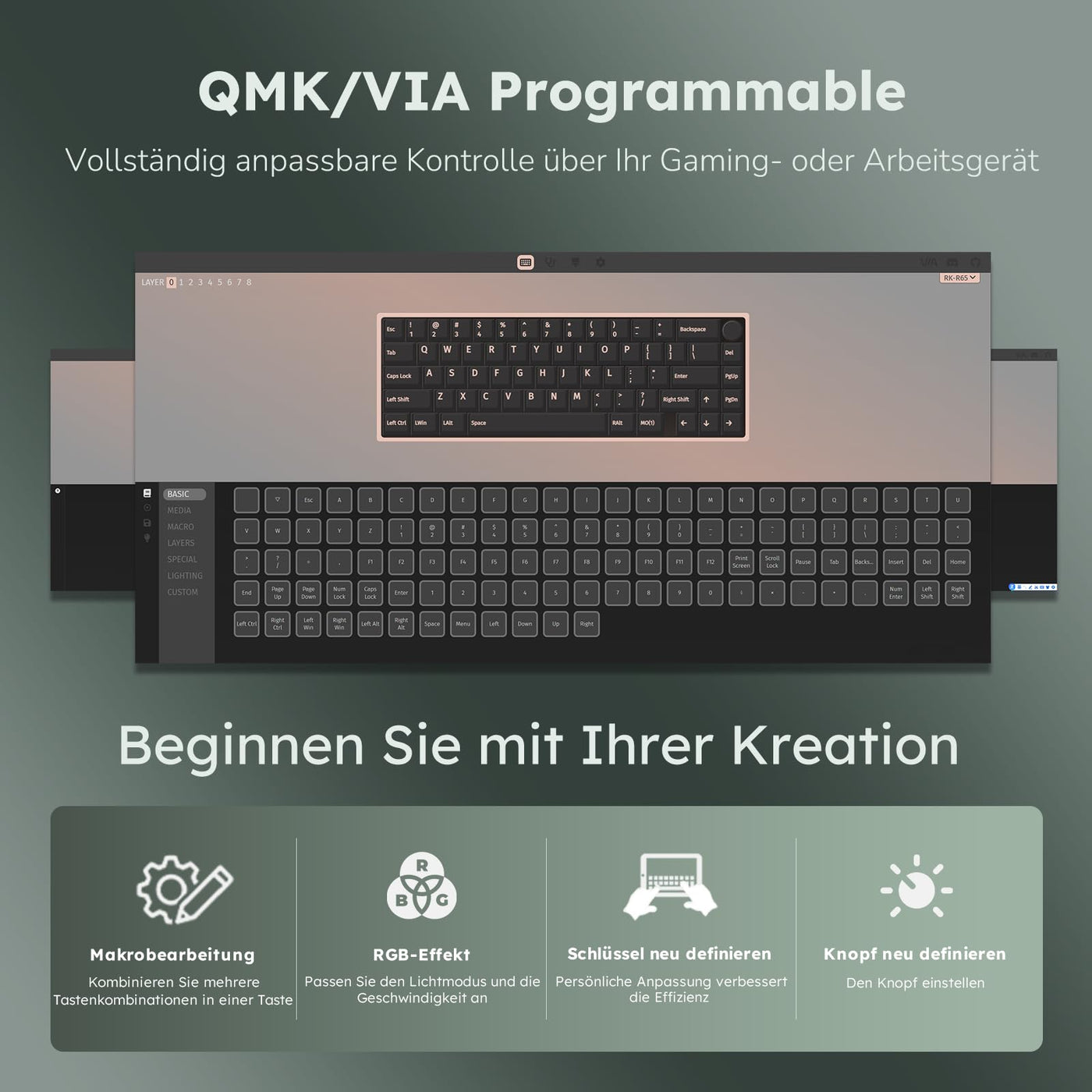 RK ROYAL KLUDGE R65 Gaming Tastatur 60 Prozent mit Knopf, Gasket Mechanische Tastatur Kabellos Bluetooth/2.4G/USB-C RGB PBT Tastenkappen QWERTZ QMK/VIA, Hot Swap Linearer Creamy Switches