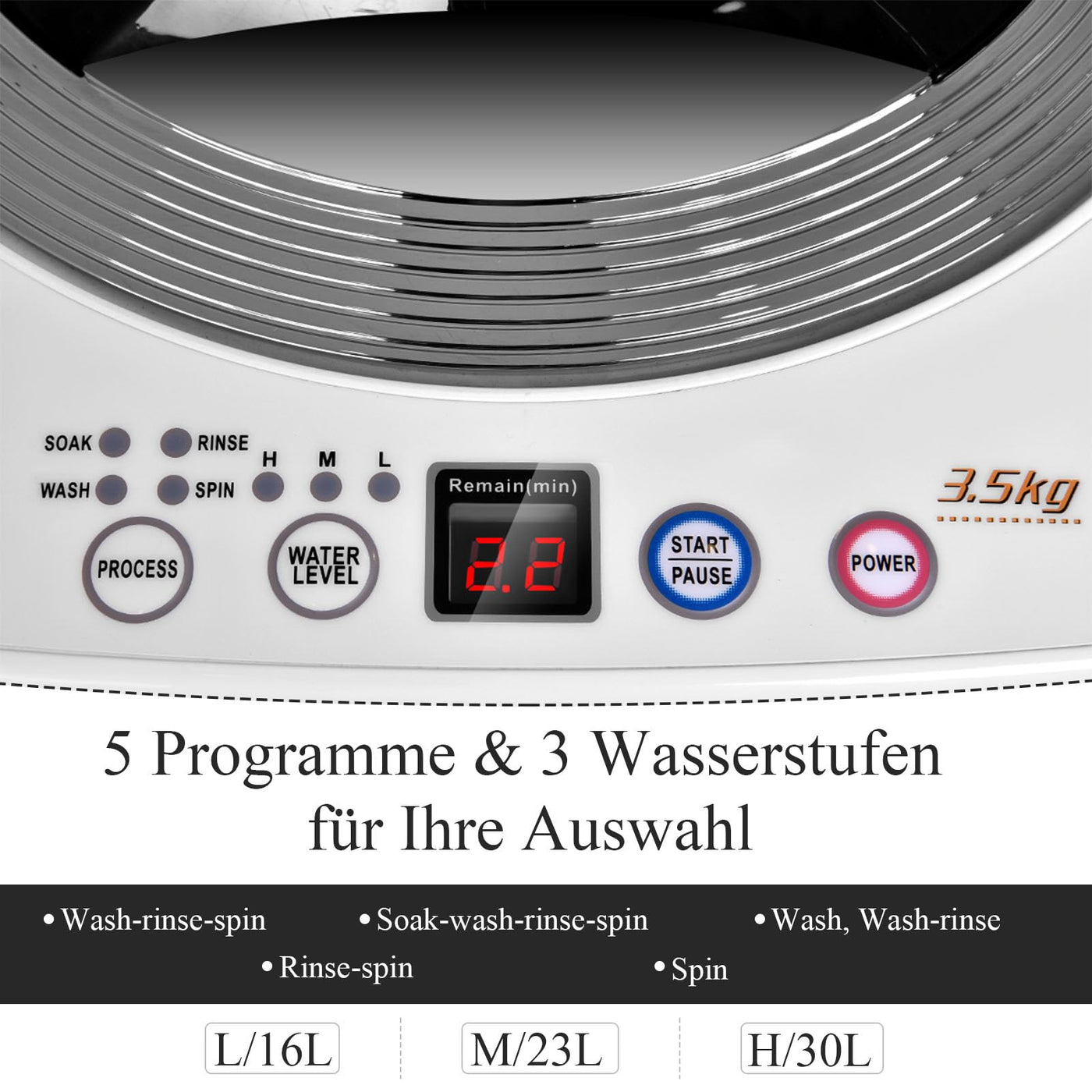 RELAX4LIFE Vollautomatische Waschmaschine 3,5 kg, Waschvollautomat mit Pump & Display, Toplader Miniwaschmaschine mit Schleuder & 6 Wasche-Modelle, 240W, für Camping & Wohnmobil, 43 x 43 x 75cm, Weiß