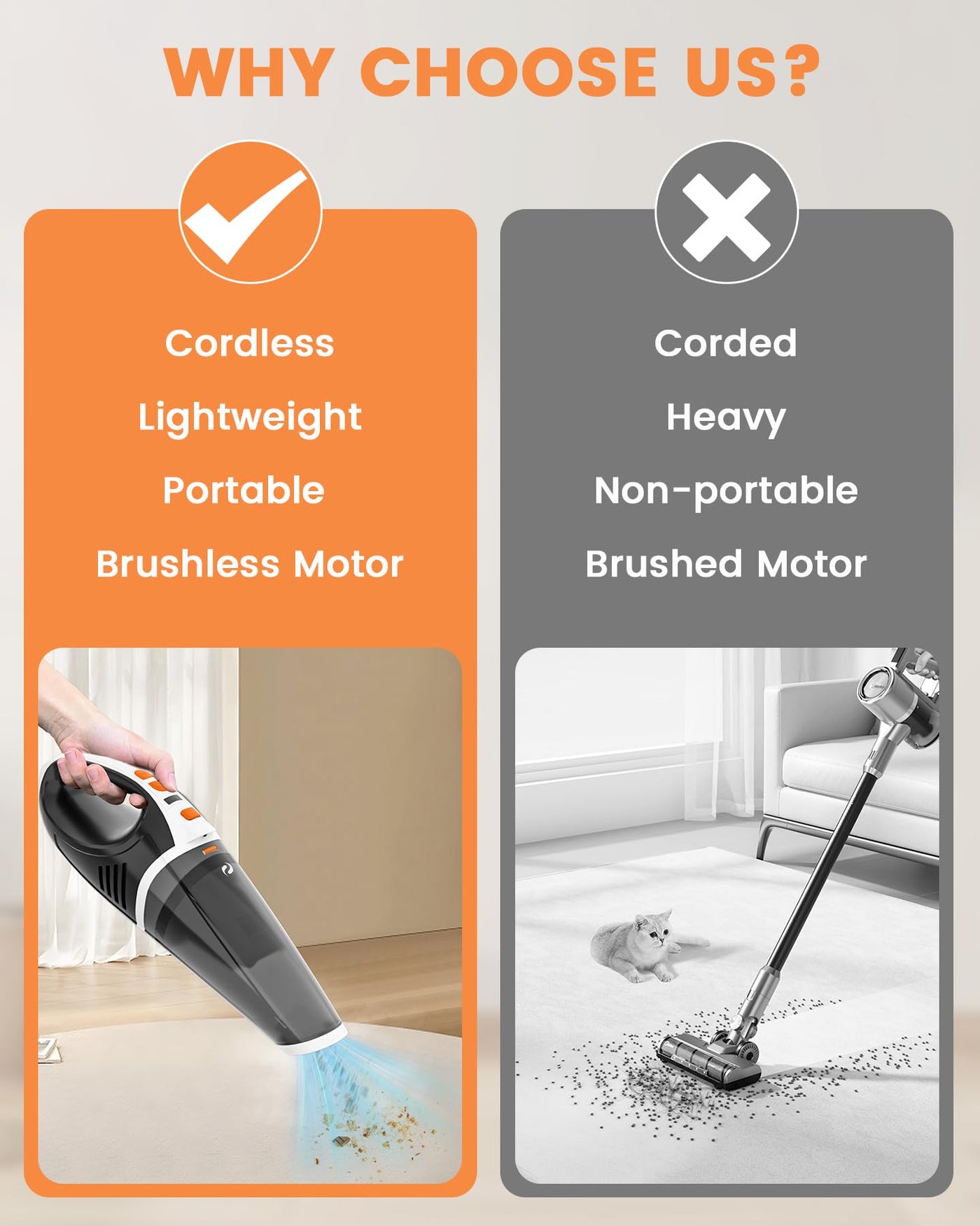 SERVOMASTER Handstaubsauger 15000Pa, Handstaubsauger Akku Kabellos mit Hoher Leistung, 2 Geschwindigkeitsstufen und LED-Licht, Mini Staubsauger mit waschbarem HEPA-Filter für Auto, Büro und Haustier