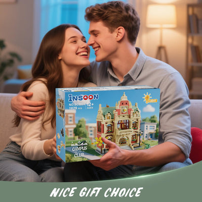 INSOON Universitäts Haus Bauspielzeug mit Licht, 1629 Stück Campus Architekturmodell mit Malerei Theater Back Musikclubs, Heimdekorations Klemmbausteine Geschenk für Erwachsene Jungen Mädchen ab 12+