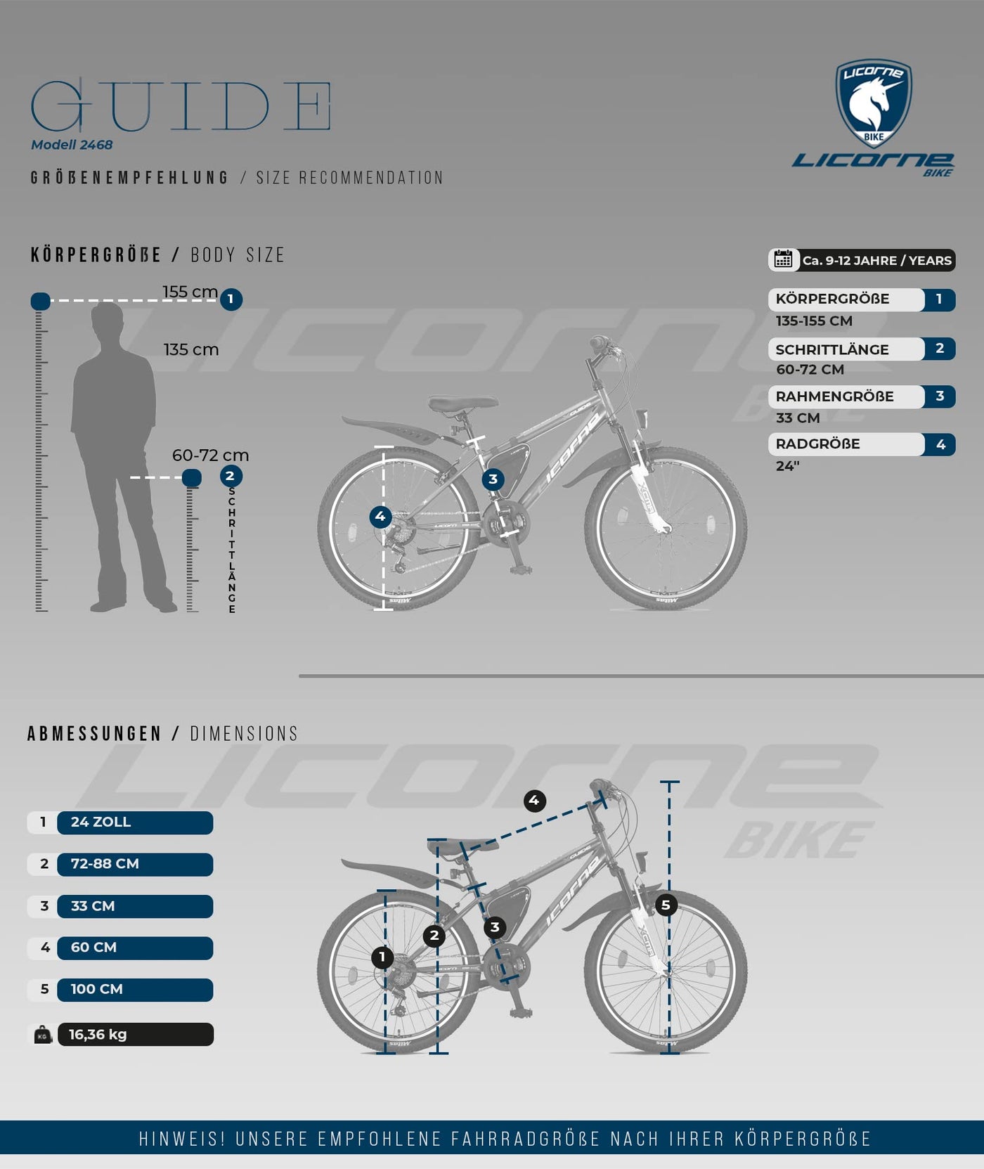 Licorne Bike Guide Premium Mountainbike in 20, 24, 26, 27.5 und 29 Zoll Fahrrad für Mädchen Jungen Herren und Damen (24 Zoll, Schwarz/Blau/Lime)