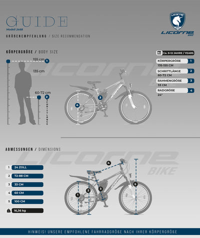 Licorne Bike Guide Premium Mountainbike in 20, 24, 26, 27.5 und 29 Zoll Fahrrad für Mädchen Jungen Herren und Damen (24 Zoll, Schwarz/Blau/Lime)