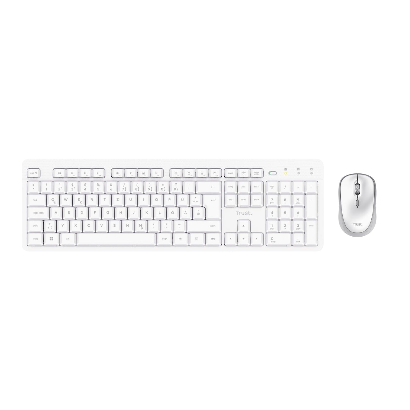 Trust ODY II Leise Tastatur Maus Set Kabellos Deutsches QWERTZ Layout, Flachen Tasten, Beidhändig Funkmaus 800-1600 DPI, Spritzwassergeschützt, EIN USB-Empfänger, für PC Computer Laptop Mac, Weiß