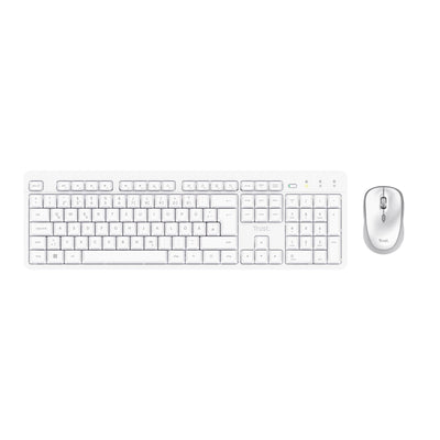 Trust ODY II Leise Tastatur Maus Set Kabellos Deutsches QWERTZ Layout, Flachen Tasten, Beidhändig Funkmaus 800-1600 DPI, Spritzwassergeschützt, EIN USB-Empfänger, für PC Computer Laptop Mac, Weiß