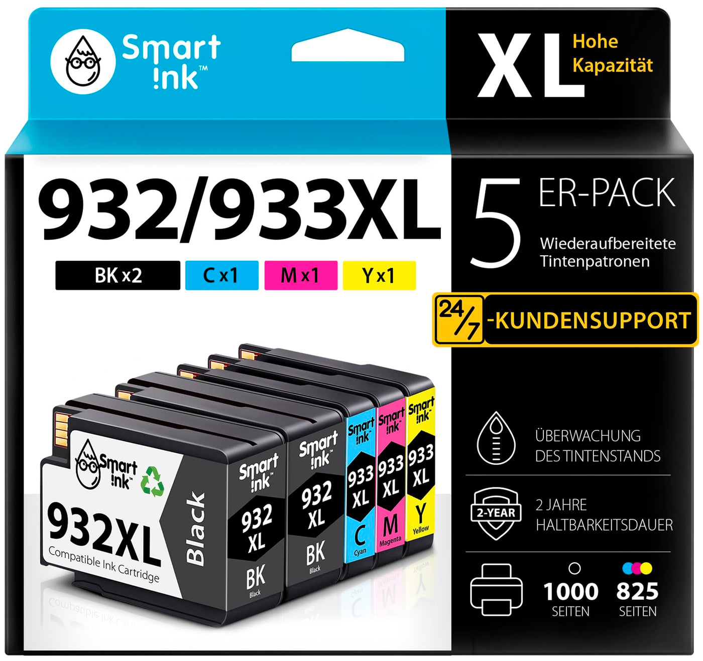 Smart Ink Kompatible Druckerpatronen als Ersatz für HP 932 XL 933 XL 932XL 933XL 5 Multipack (2 Schwarz & Cyan Magenta Gelb) Patronen Höher Kapazität für Officejet 6600 6700 7612 7510 7110 6100 7610
