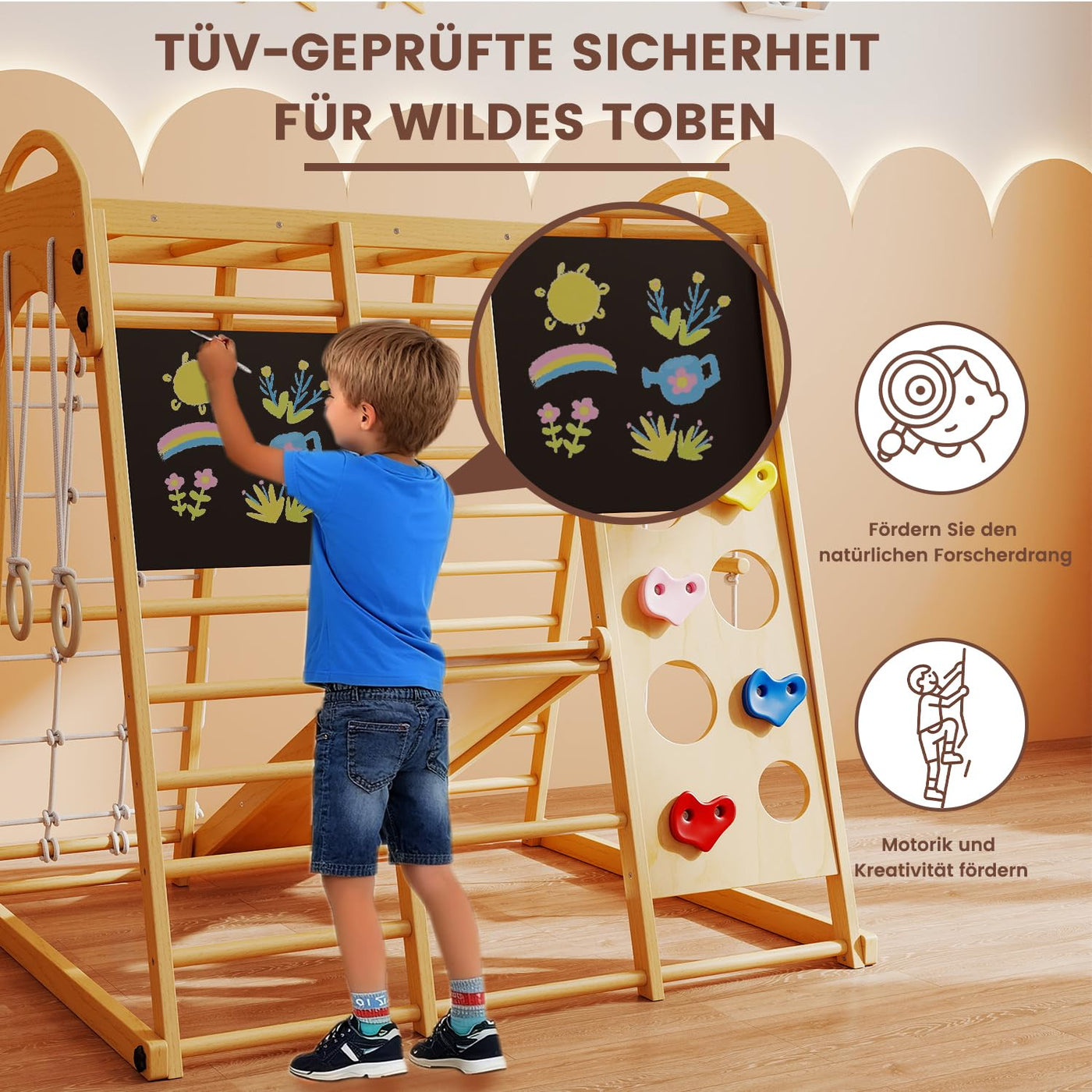 Freelawn Klettergerüst Indoor Montessori 9-in-1 Holz Spielplatz - Kletternetz, Rutsche, Sprossenwand für Kinder 1-6 Jahre (Natur)