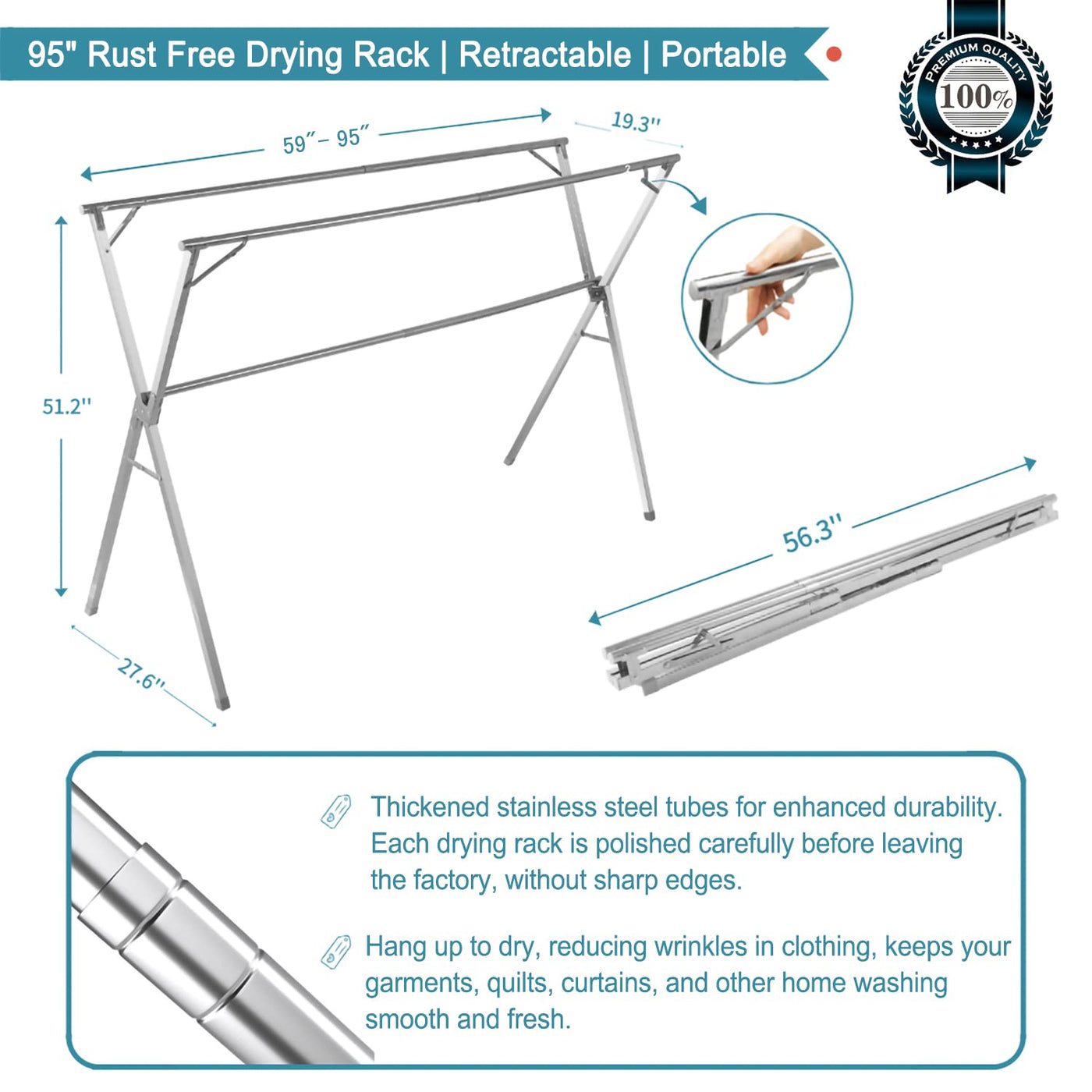 JAUREE 2.4m Wäscheständer, Wäscheständer Kleidung Faltbar Indoor Outdoor, Robuster Edelstahl Wäscheständer, Klappbarer Tragbarer Kleiderständer mit 20 Windfesten Haken