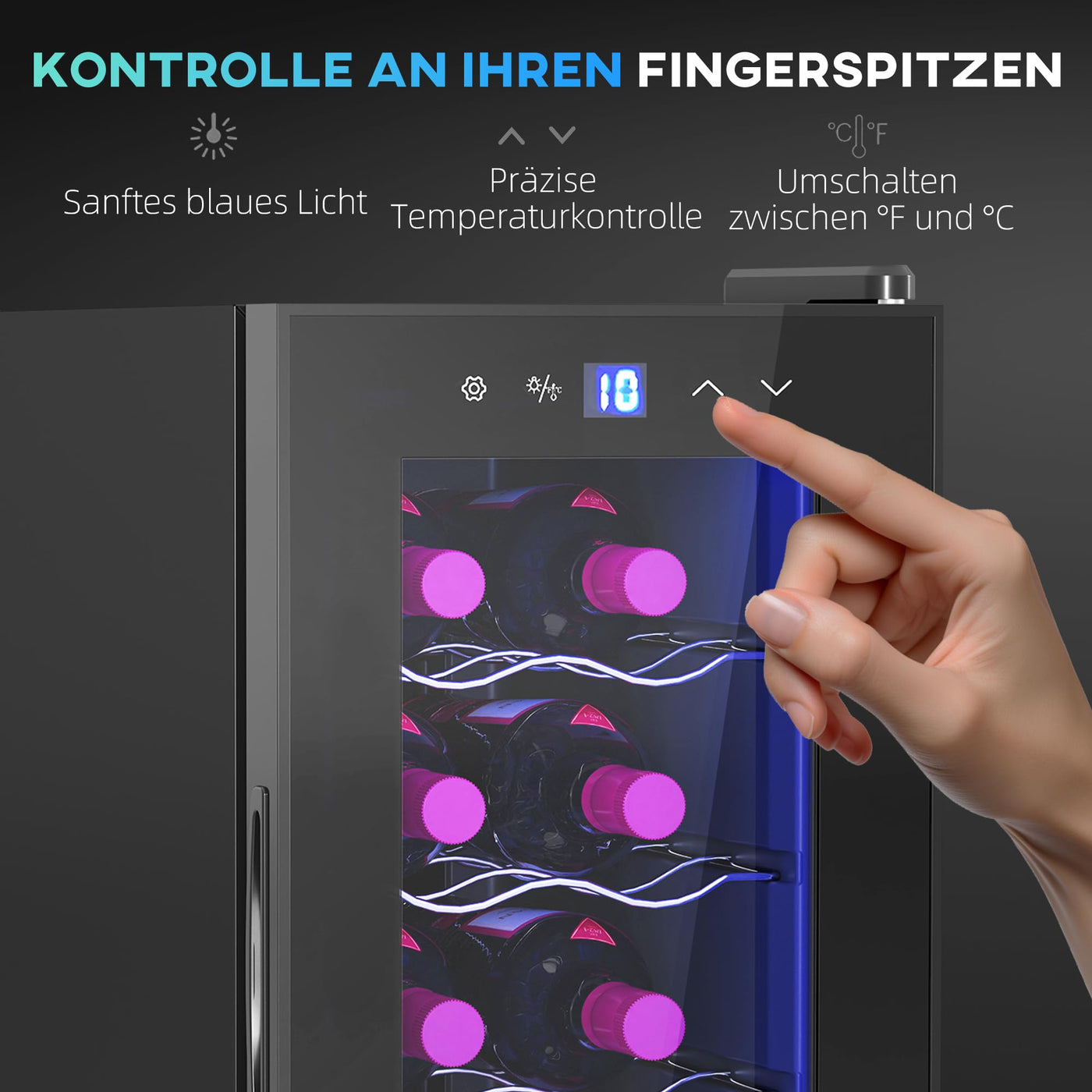 HOMCOM Weinkühlschrank 12 Flaschen 30L 8-18℃ Doppelt Thermoelektrisch Flaschenkühlschrank mit Glastür, Getränkekühlschrank mit LED-Leuchte, Kleiner Weinschrank mit Touch-Screen Schwarz