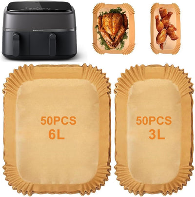100 Stück Airfryer Backpapier für Philips Dual Basket Airfryer 3000-serie 6L/3L NA350/00, Backpapier für Heißluftfritteuse Hitzebeständig Antihaft Airfryer Zubehör, 50 Stück für 6L & 50 Stück für 3L