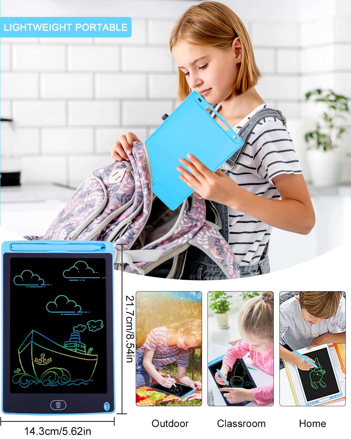 2 Packs LCD Schreibtafel für Kinder,Zaubertafel 8,5 Zoll, Bunter Bildschirm, Löschbarem Handschrift Block, Pädagogisches Spielzeug ab 2 3 4 Jahre Mädchen Jungen Geschenk Blau+Blau