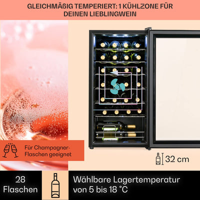 Klarstein Weinkühlschrank, 1 Zonen Getränkekühlschrank Klein, Kleiner Weinschrank 74L, Wein-Kühlschrank Klein mit Glastür, Indoor/Outdoor Flaschenkühlschrank, Wine Fridge 5-18°C, 28 Flaschen