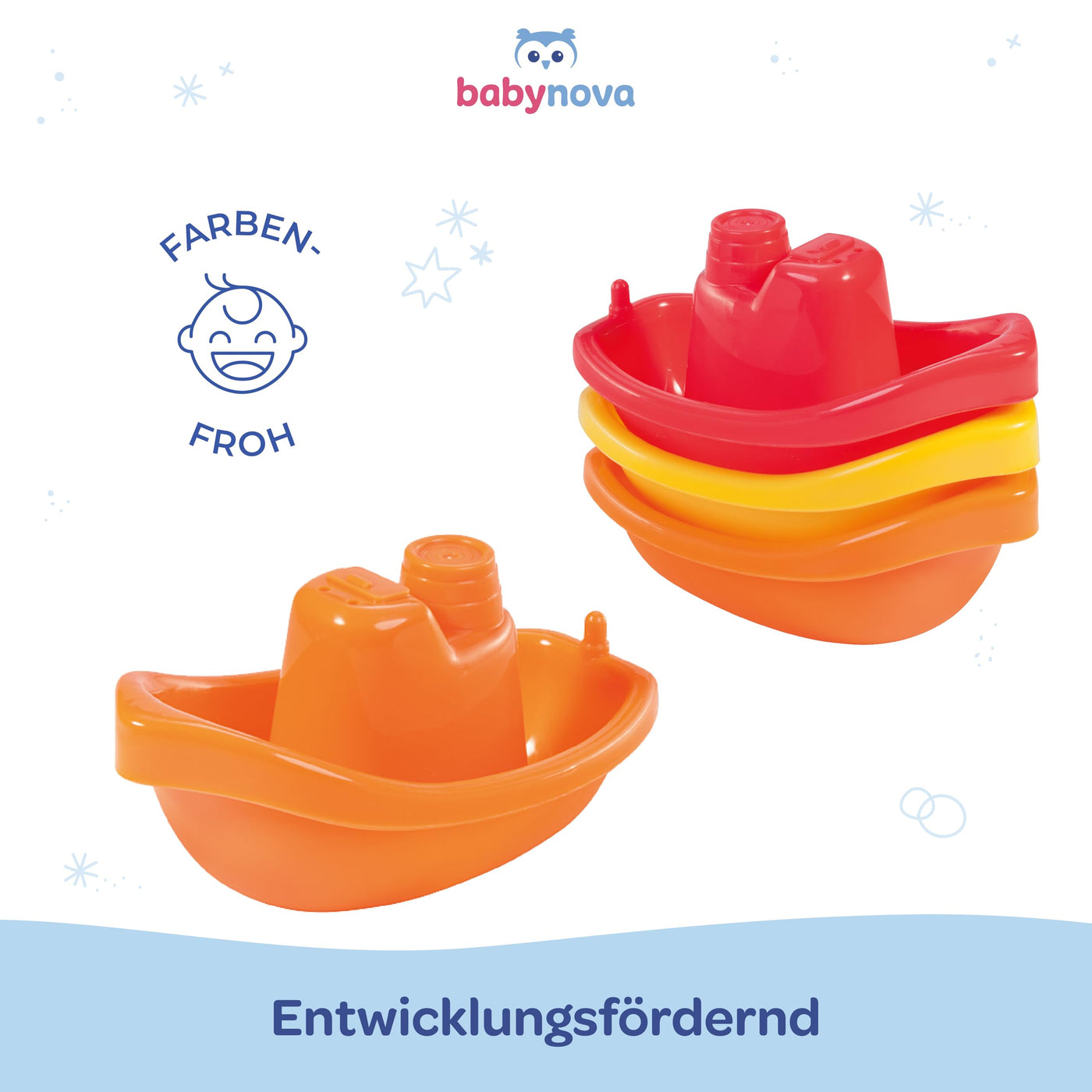 babynova Badeboote – Pädagogisches Baby- und Kleinkindspielzeug – Ab 3 Monaten – 3-teiliges Set – Entwicklung von Motorik und Koordination – Geeignet für Badewanne und Sandkasten – Rot, Gelb, Orange