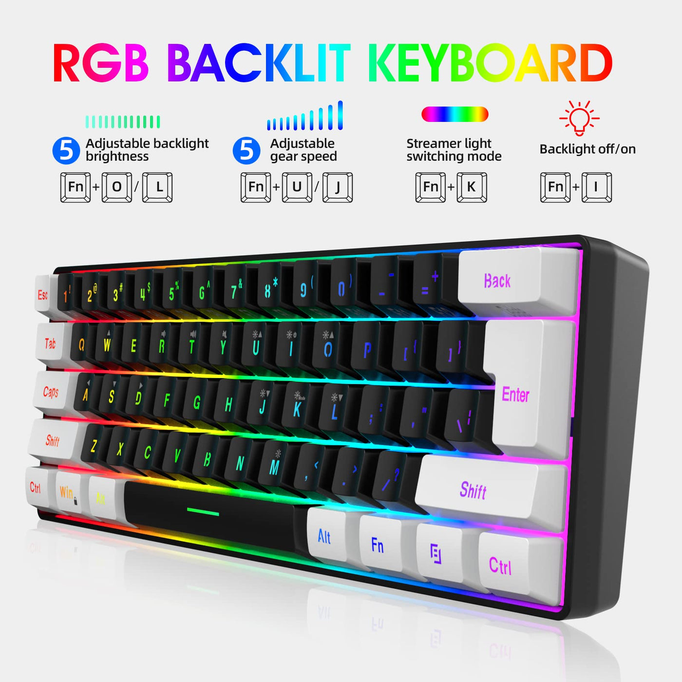 Snpurdiri 60% Percent Gaming Tastatur, Ergonomische Kleine Mini Gaming Tastatur, Silent Compact RGB Tastatur für Windows, PC, Laptop, Gaming (61 Tasten, Weiß-Schwarz)