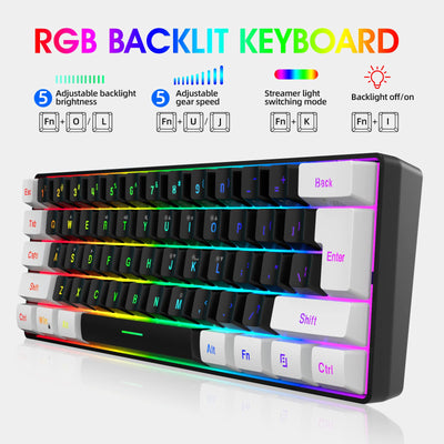 Snpurdiri 60% Percent Gaming Tastatur, Ergonomische Kleine Mini Gaming Tastatur, Silent Compact RGB Tastatur für Windows, PC, Laptop, Gaming (61 Tasten, Weiß-Schwarz)