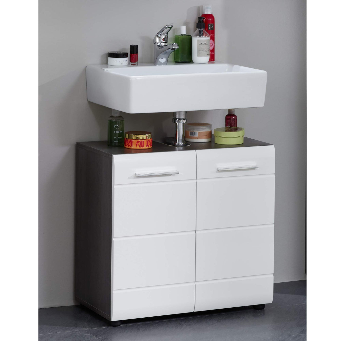 trendteam smart living - Waschbeckenunterschrank Unterschrank - Badezimmer - Line - Aufbaumaß (BxHxT) 60 x 57 x 31 cm - Farbe Sardegna Rauchsilber mit Weiß Hochglanz - 189830103