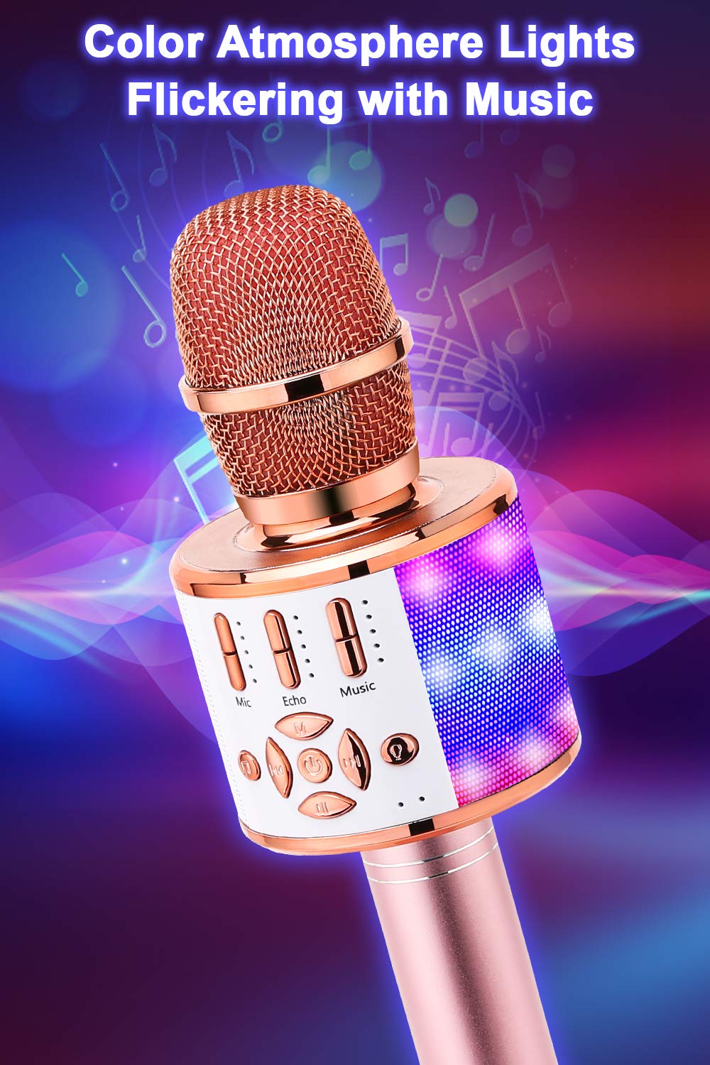 BONAOK 4 in 1 Drahtlos Tragbare Karaoke Mikrofon Lautsprecher,LED, Kinder, Heim KTV Karaoke Gerät, kompatibel mit iOS Android Bluetooth Geräten (Roségold)