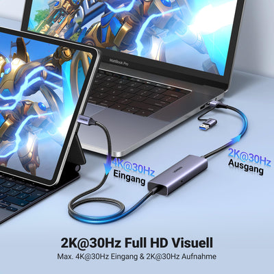 UGREEN Video Capture Card und PD 100W Laden, USB 3.0 Video Capture Card für Full HD 4K Eingang ，2K@30Hz Aufnahme und Schnellladen, Video Capture Gerät für Switch/Steam Deck/pad/Phone/PC/Mac Mini 4