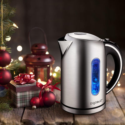 Aigostar King - Wasserkocher Edelstahl 1,7 liter, Elektrischer Wasserkocher mit Kalkfilter, LED Beleuchtung Wasserstandsanzeige, 2200 Watt, Verdecktes Heizelement, Abschaltautomatik, BPA frei