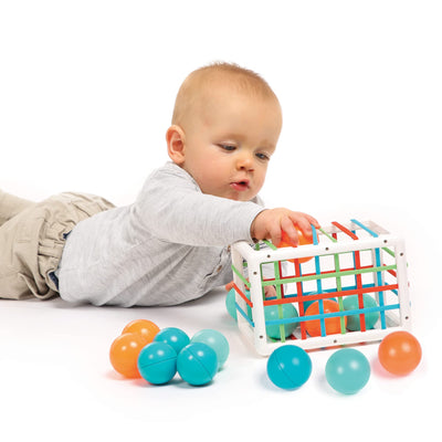 Ludi Babywürfel – Spielzeug für Babys – ab 10 Monaten – entwickelt Denken, Feinmotorik, Berührung und Entdeckung – 1 elastischer Würfel + 12 orangefarbene und Blaue Bälle mit lustigem Klang