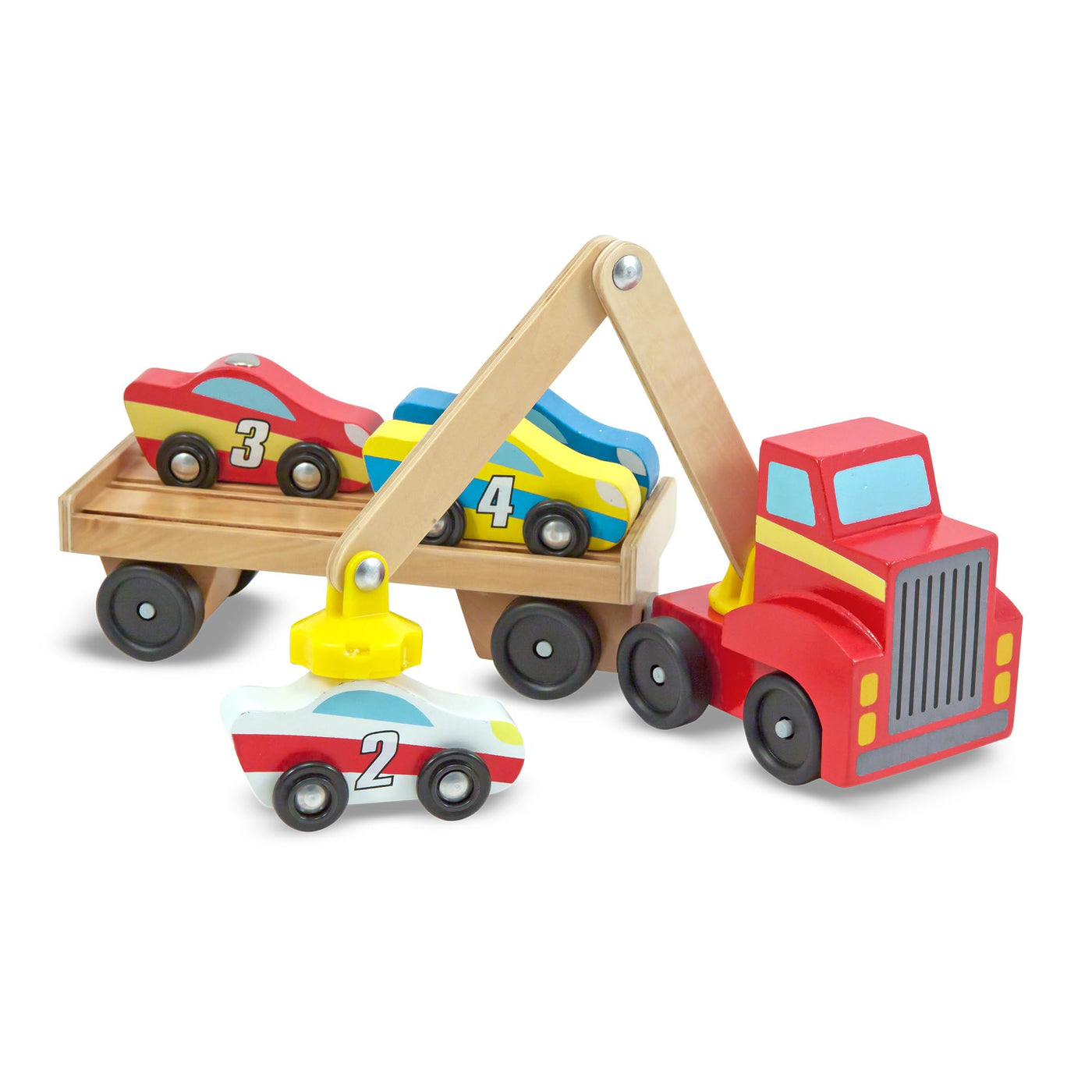 Melissa & Doug Spielzeug Autotransporter aus Holz mit magnetischem Kran und Autos | 6-teilig | Für Kinder ab 3 Jahren