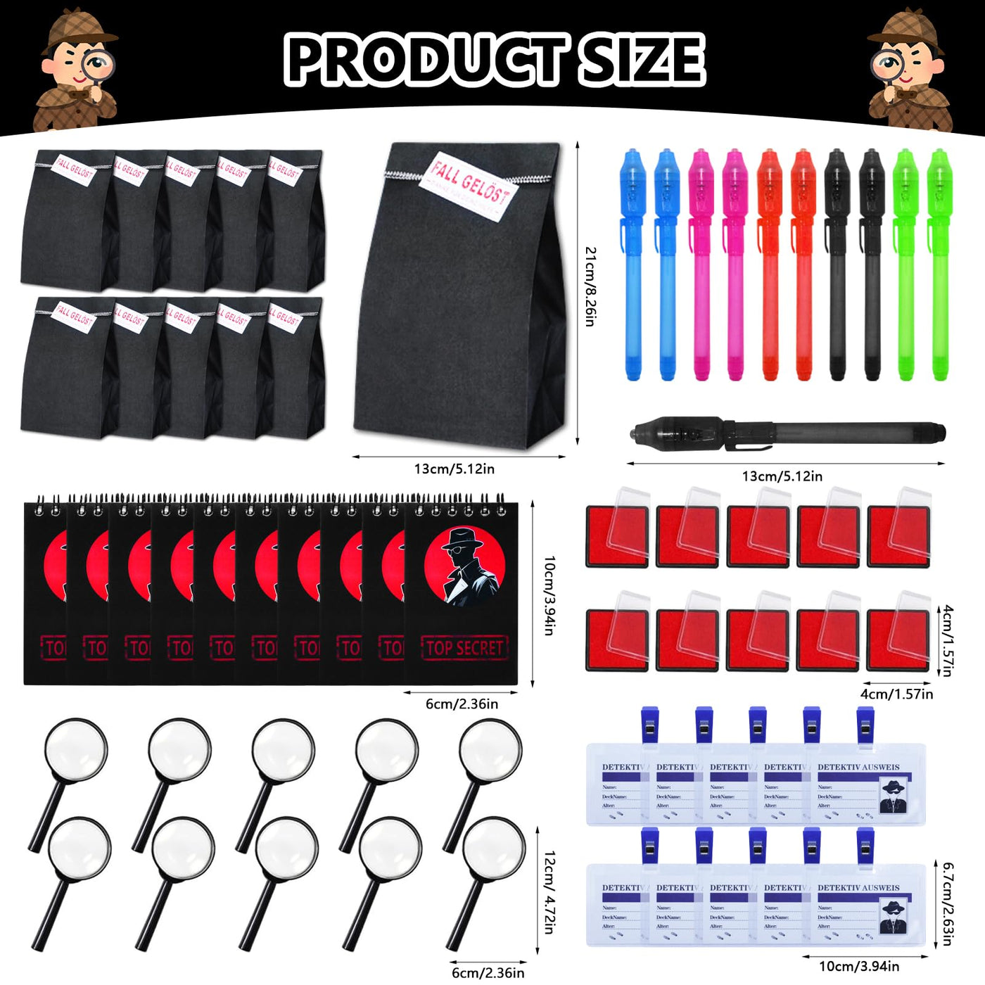 82STK Detektiv Set Kinder, Detektiv Kindergeburtstag Mitgebsel mit Geschenktüten, Geheimstift, Notizbuch, Lupe, Detektivausweis, Schnurrbart, Stempelkissen, Detektive Spielzeug für Jungen Mädchen