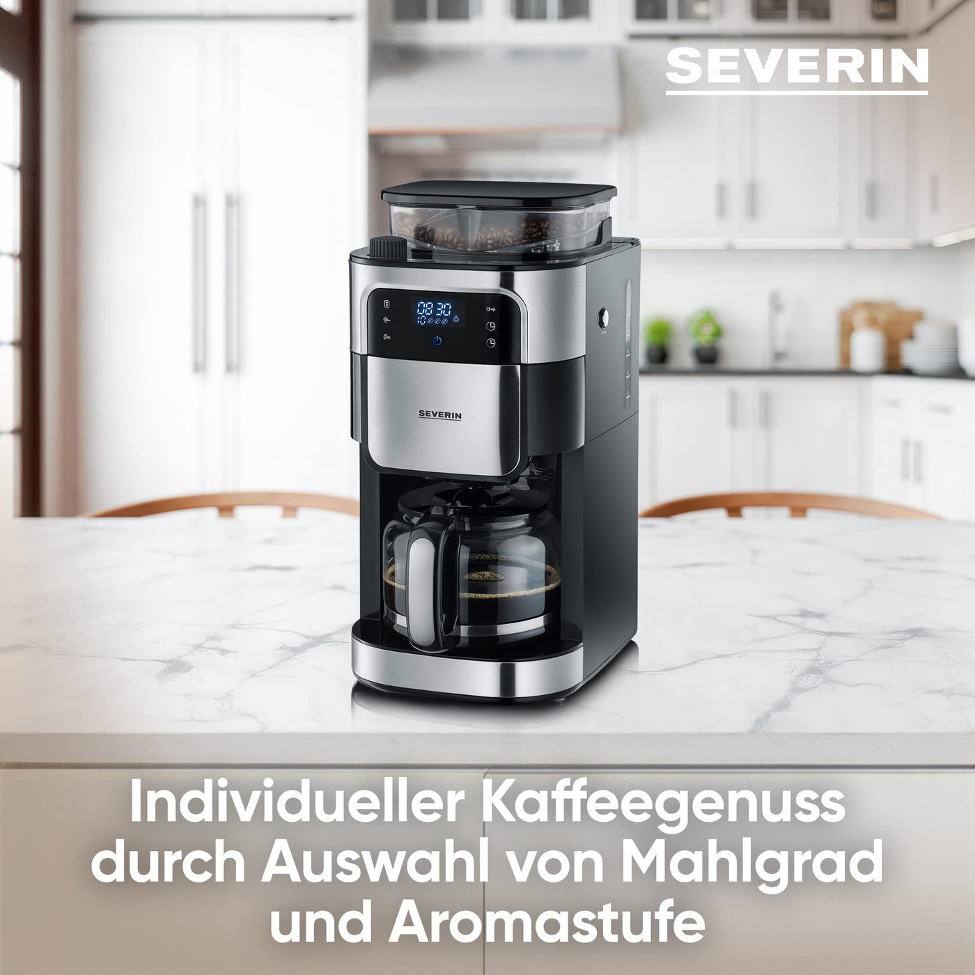 SEVERIN Kaffeemaschine mit Mahlwerk, Kaffeeautomat mit Glaskanne und Timer-Funktion, auch als Filterkaffeemaschine, für bis zu 10 Tassen Kaffee, 1000 Watt, schwarz/ Edelstahl, KA 4813