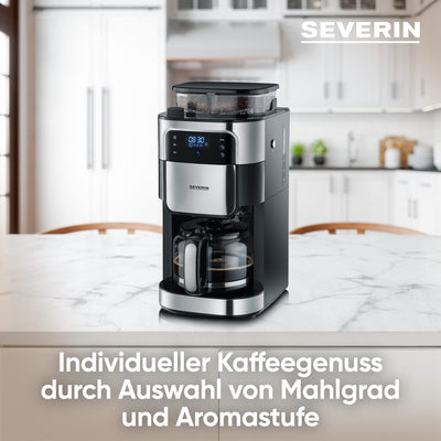 SEVERIN Kaffeemaschine mit Mahlwerk, Kaffeeautomat mit Glaskanne und Timer-Funktion, auch als Filterkaffeemaschine, für bis zu 10 Tassen Kaffee, 1000 Watt, schwarz/ Edelstahl, KA 4813