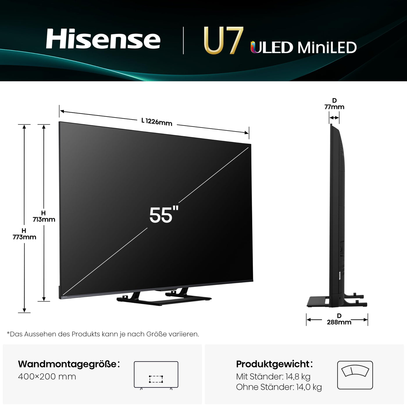 Hisense 55U7Q Fernseher 55 Zoll, 4K Mini LED ULED, Smart TV, Hi-View AI Engine, 144Hz Game Mode Pro, FreeSync Premium, Built in Subwoofer, Dolby Vision IQ Atmos, Airplay, Sprachsteuerung[2025]