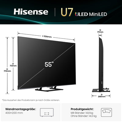 Hisense 55U7Q Fernseher 55 Zoll, 4K Mini LED ULED, Smart TV, Hi-View AI Engine, 144Hz Game Mode Pro, FreeSync Premium, Built in Subwoofer, Dolby Vision IQ Atmos, Airplay, Sprachsteuerung[2025]