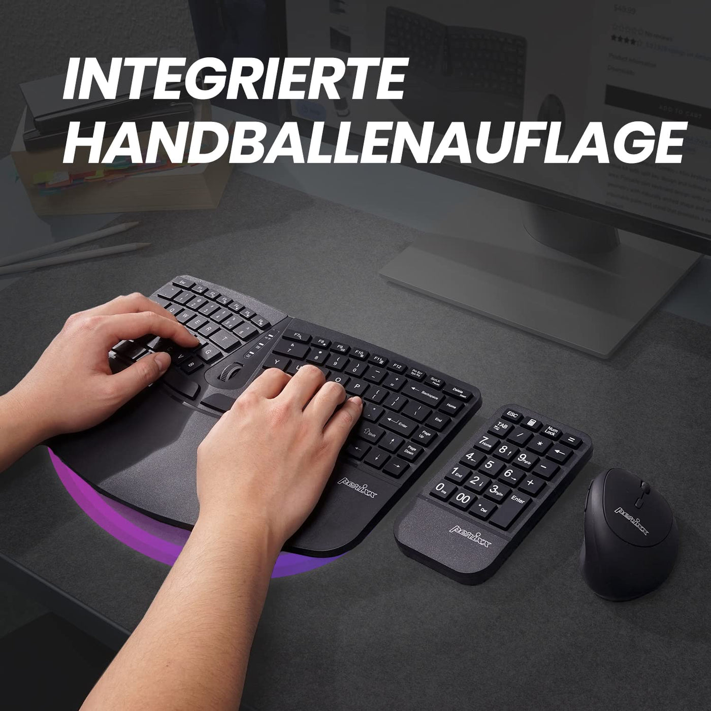 Perixx PERIDUO-606A 3-in-1 Kabellose Ergonomische Tastatur, Vertikale Maus, Numerisches Tastenfeld, Verstellbare Handballenauflage, QWERTZ