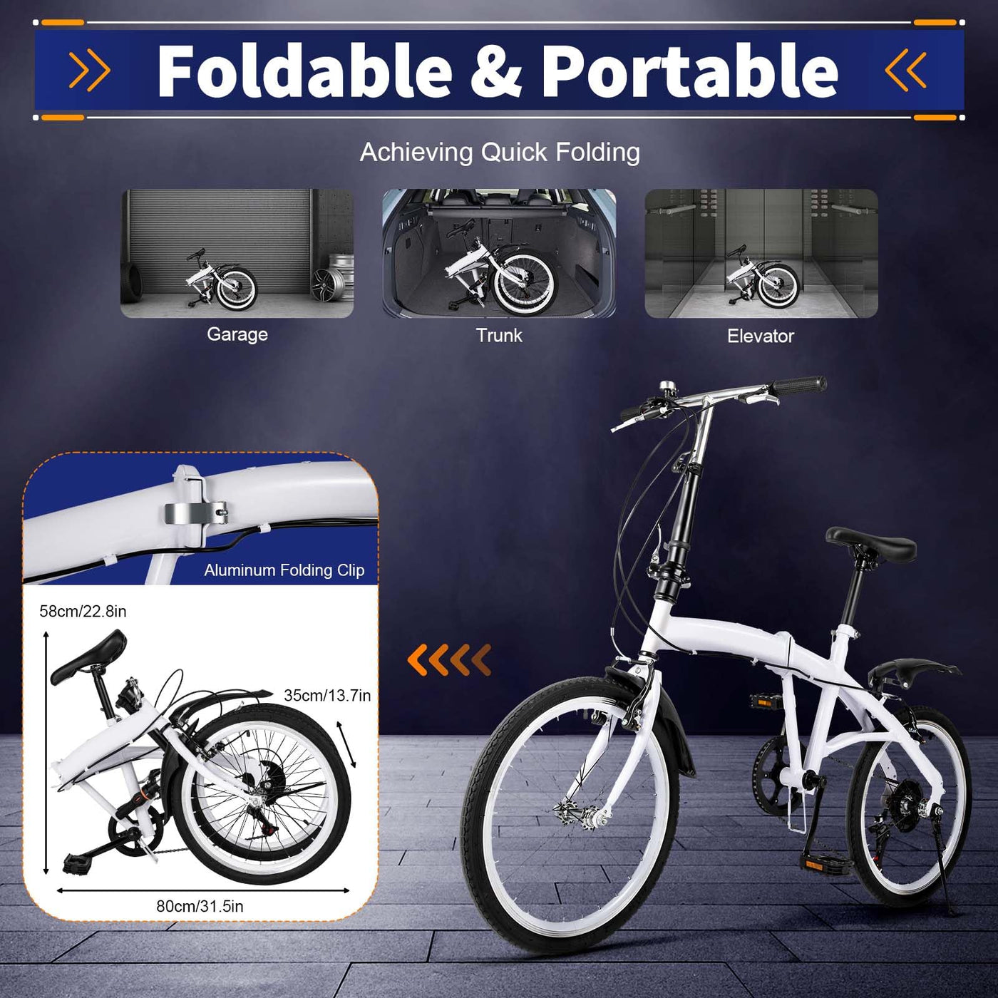 Wiefiche 20 Zoll Faltrad, Klapprad mit 6 Gang-Schaltung Klappfahrrad für Damen und Herren Erwachsene Folding City Bike geeignet ab 140 cm-190 cm für Sport Outdoor Radfahren Pendeln, Weiß