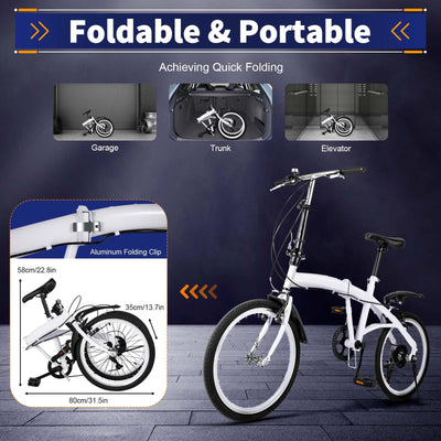 20" 6-Gang Faltrad Klappfahrrad Modern Klapprad Folding FahrräDer Faltbares Erwachsene City Bike Einstellbar Unisex Damen Herren Geeignet FüR Stadt Camping Sport Outdoor Radfahren Pendeln Weiß