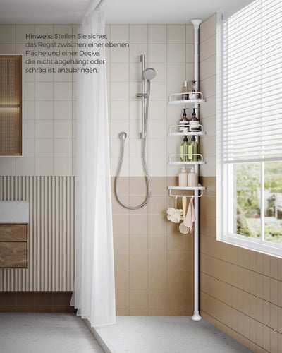 SONGMICS Duschregal, Eckregal Bad, mit 4 Ablagen, Badregal, Gesamthöhe 85-305 cm, höhenverstellbar, Badezimmer-Regal, weiß BCB001A