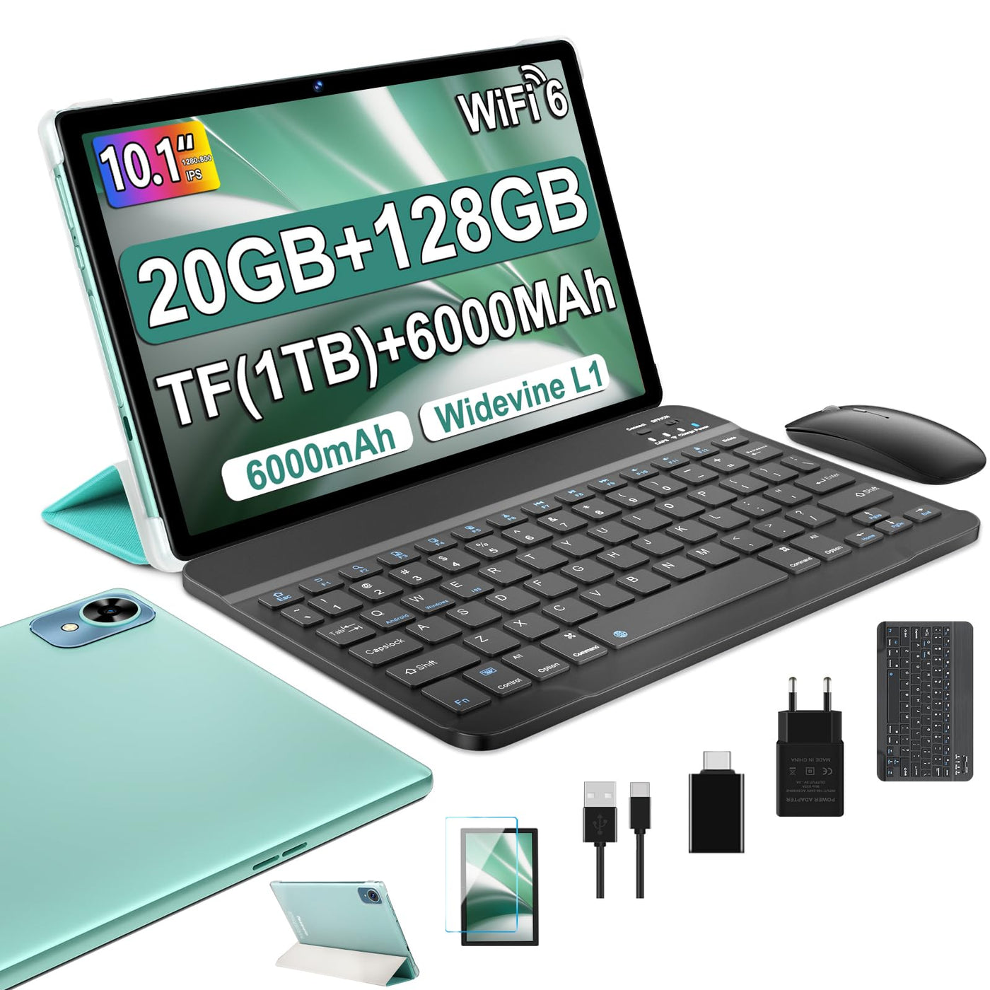 fezawio Android 14 Tablet 10 Zoll 20GB RAM+128GB ROM, Octa-Core WiFi 6, 6000mAh, (1TB TF) Tablet mit Tastatur und Maus-(grün)