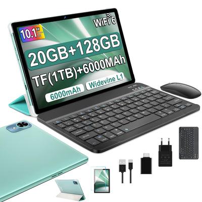 fezawio Android 14 Tablet 10 Zoll 20GB RAM+128GB ROM, Octa-Core WiFi 6, 6000mAh, (1TB TF) Tablet mit Tastatur und Maus-(grün)