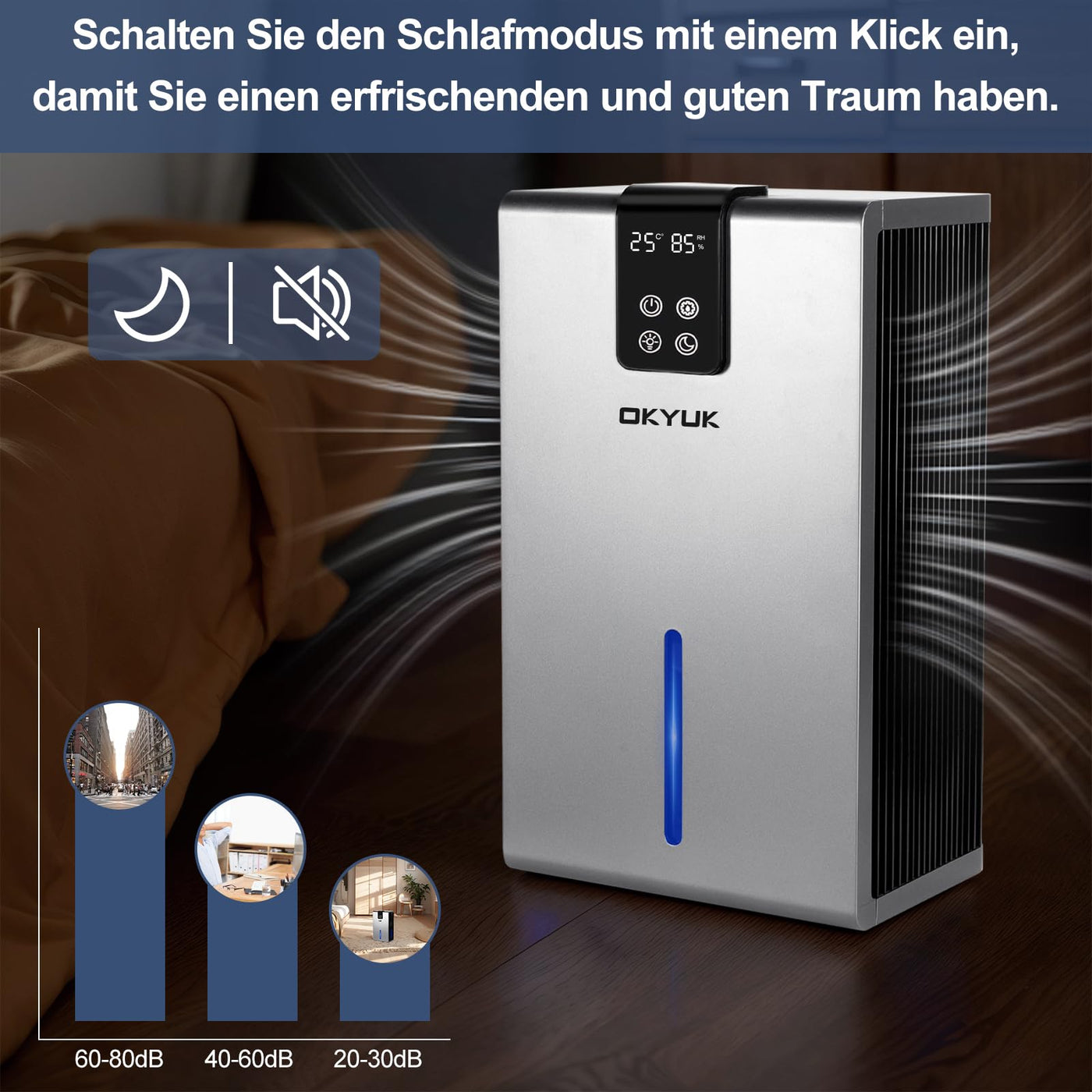 Luftentfeuchter Elektrisch 2700ml, Luftentfeuchter für Zuhause mit automatischer Abschaltung, 7-Farben-LED-Licht, ideal für Wohnmobil, Badezimmer, Schlafzimmer,Keller (Grau)