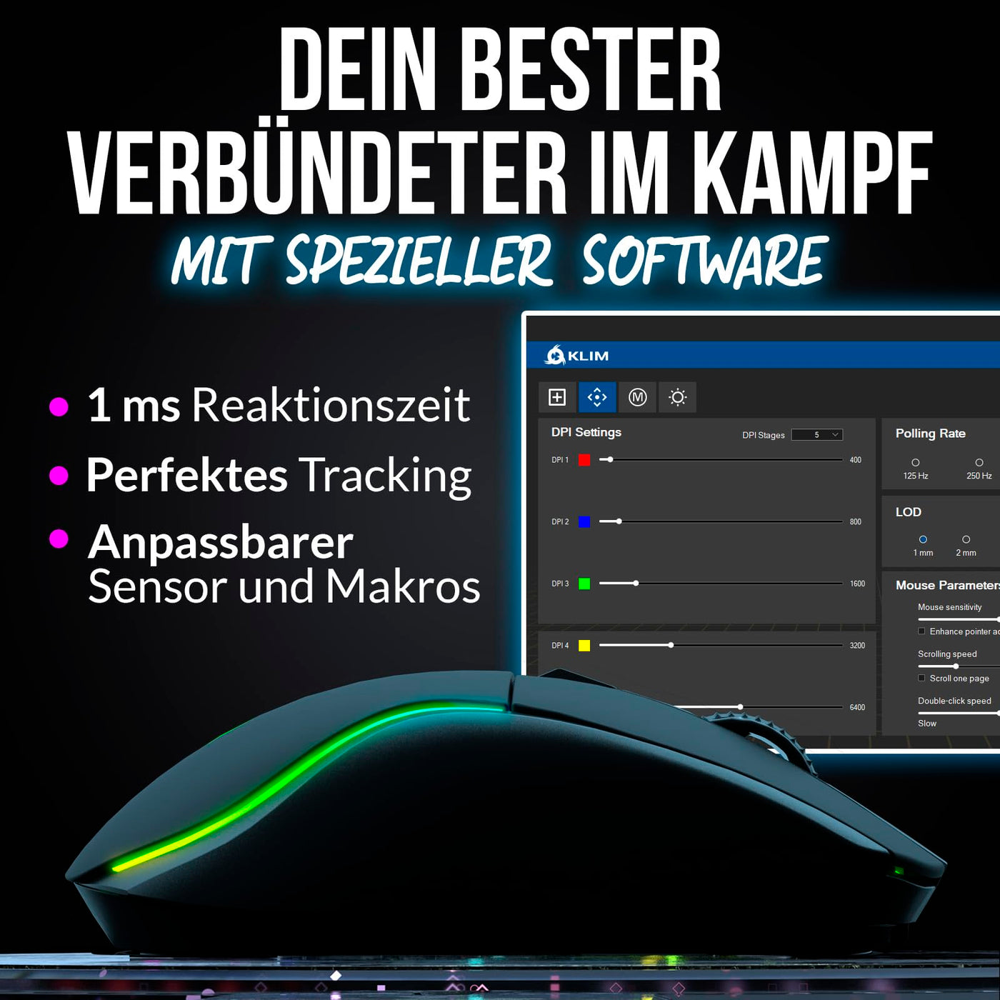 KLIM Blaze Y Wiederaufladbare kabellose Maus - NEU - Gaming Maus mit RGB und Ladestation - Hochpräziser Sensor und langlebiger Akku - Bis zu 6000 DPI - Kabel- und Wireless Mouse für PC - Schwarz