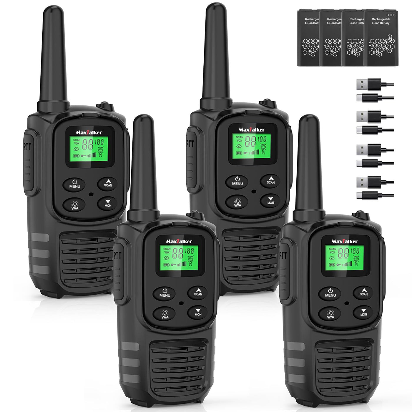 MaxTalker MT10 Walkie Talkie Aufladbar für Erwachsene Kinder Funkgeräte, 1200mAh Li-Ion Batterie, USB-C Kabel, LED Taschenlampe, VOX Funkgeräte für Wandern und Camping,4er Set