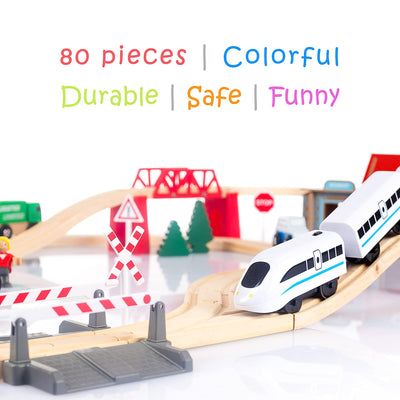 Green series Holzeisenbahn Set für Kinder - Eisenbahn Holz | Spielzeug Zug | Polizeistation, Autobahn und Bahnset mit Brücke, 80 Teilen, 378 cm lang | Holz Eisenbahnen | Holzzug | Modell GS0010
