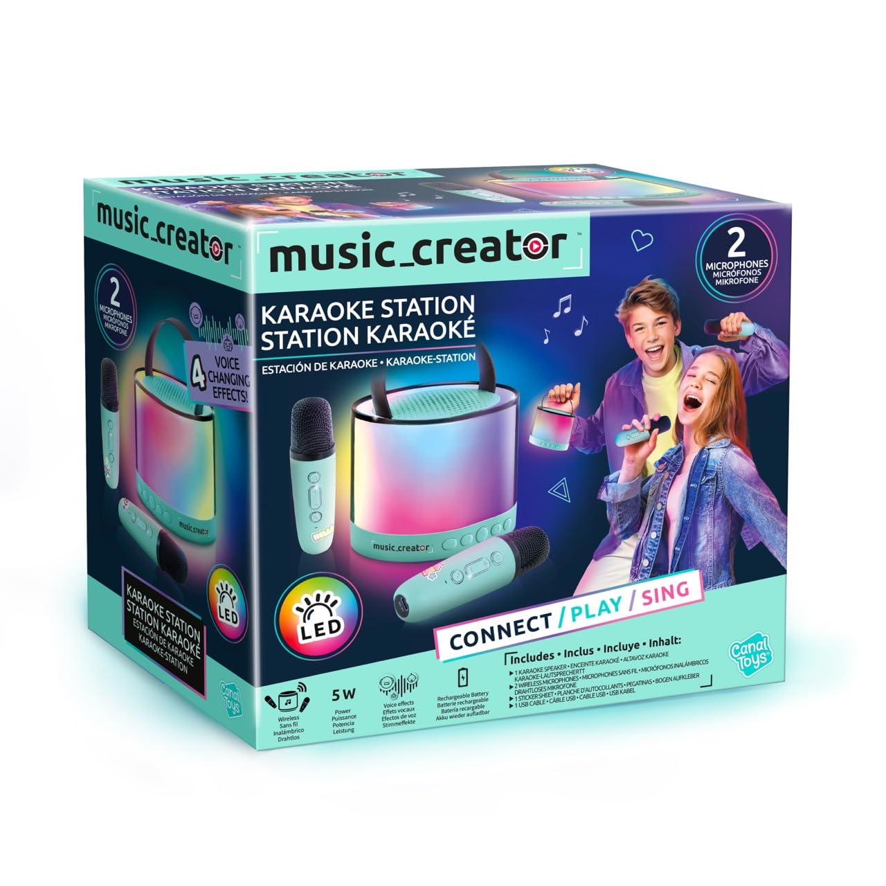Canal Toys - Creator Mini Karaoke Station mit Bluetooth Lautsprecher INF 044– 2 Mikrofone kabellos & Stimmverzerrer – Partybox mit LED-Licht – Perfekt für Kinder & Erwachsene