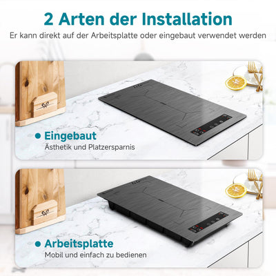 AMZCHEF Induktionskochfeld 2 platten, induktionskochplatte mit Flexzonen und Stecker, 10 Leistungsstufen, Sicherheitsschloss und Timer, Überhitzungsschutz, Berührungssteuerung, BBQ, 3300W(Grau)
