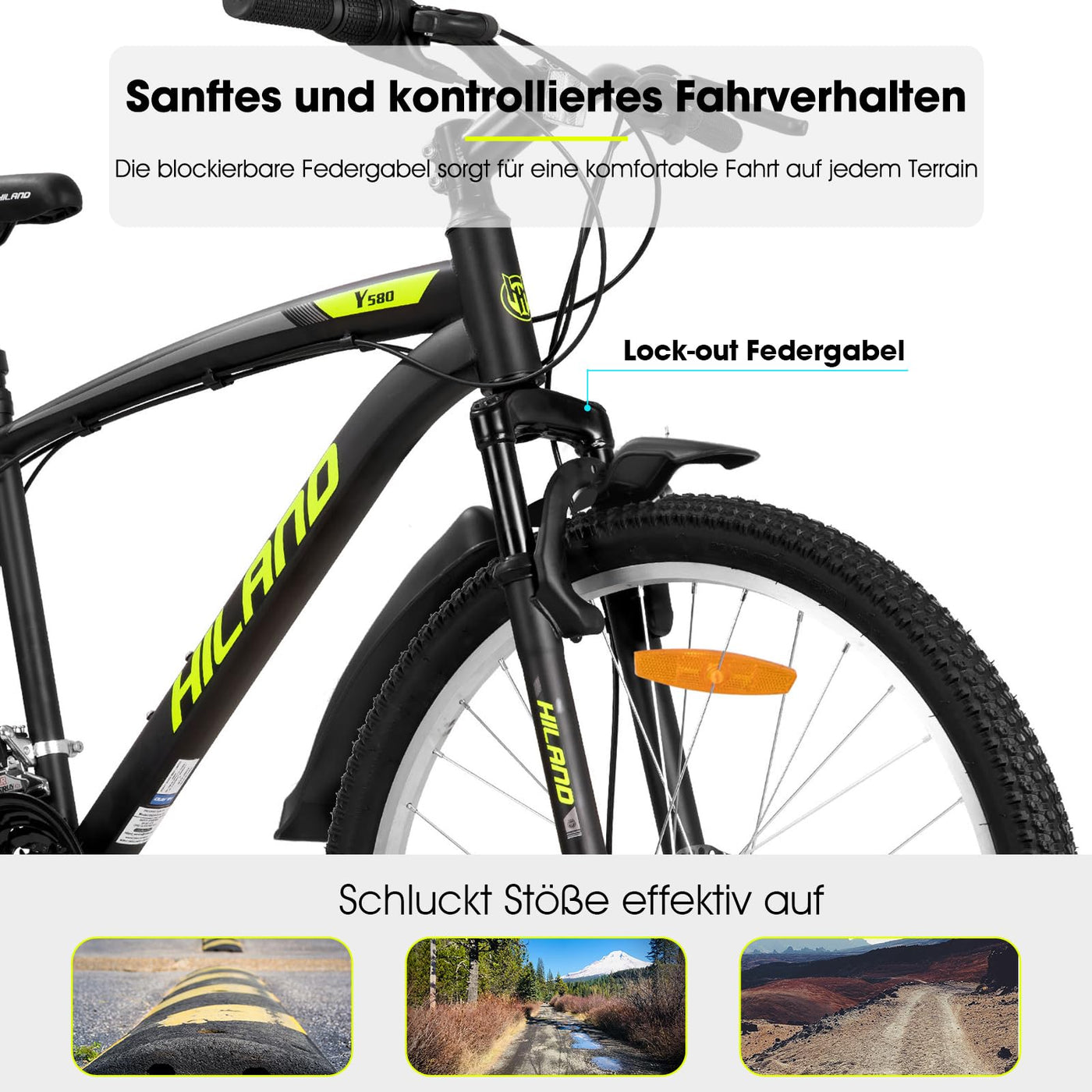 HILAND Mountainbike 27,5 Zoll, 18 Gang Herren und Damen MTB mit Doppelte Scheibenbremsen, 26 Zoll Mountainbike für Erwachsene mit Federgabel, MTB für Männer und Frauen, Gelb