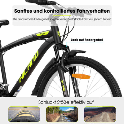 HILAND Mountainbike 27,5 Zoll, 18 Gang Herren und Damen MTB mit Doppelte Scheibenbremsen, 26 Zoll Mountainbike für Erwachsene mit Federgabel, MTB für Männer und Frauen, Gelb
